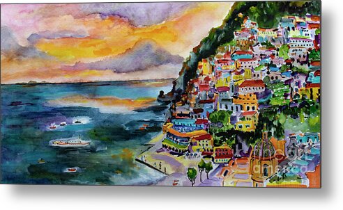 Paintings Of Italy Metal Print featuring the painting Amalfi Coast Positano Panorama by Ginette Callaway