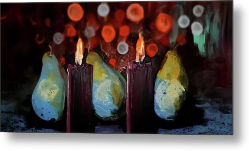 Candles Metal Print featuring the painting Bokeh Light Candles And Pears by Lisa Kaiser