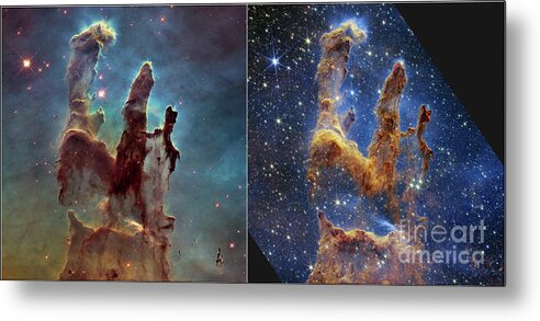 August Metal Print featuring the photograph Pillars of Creation, JWST and Hubble images by Science Photo Library