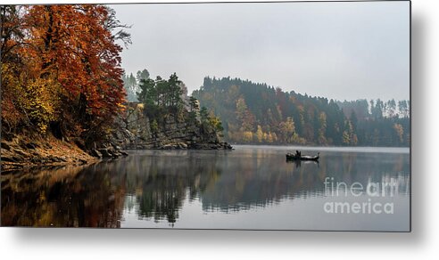 Austria Metal Print featuring the photograph Foggy Landscape With Fishermans Boat On Calm Lake And Autumnal Forest At Lake Ottenstein In Austria by Andreas Berthold