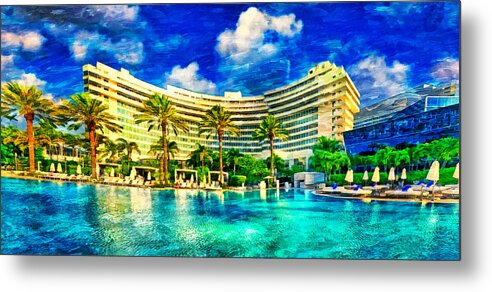 Fontainebleau Miami Beach Metal Print featuring the digital art Fontainebleau Miami Beach seen from the swimming pool - oil painting by Nicko Prints
