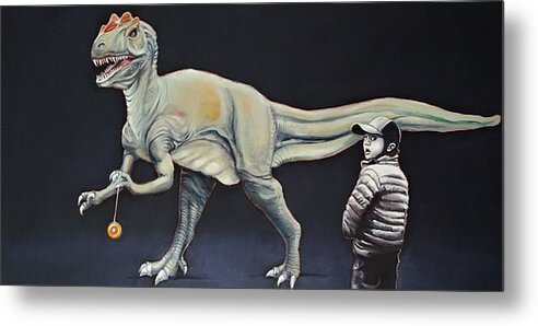 Dinosaur Metal Print featuring the painting How My Brother Lost His Yo-Yo by Jean Cormier