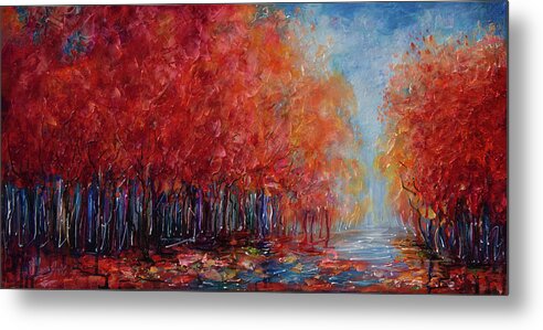  Metal Print featuring the painting Red Autumn Trees in a Fall forest Palette Knife Oil Painting by Lena Owens - OLena Art Vibrant Palette Knife and Graphic Design
