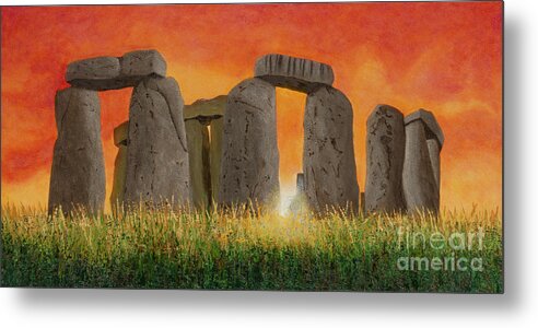 Stonehenge Metal Print featuring the painting Stonehenge Sunrise, 1328AD by Garry McMichael