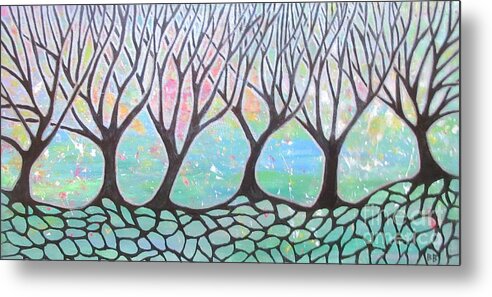 Tree Trees Abstract Landscape Green Lobby Mask Towel Decor Decrotive Woods Nature Pattern Metal Print featuring the painting Tree Stand by Bradley Boug