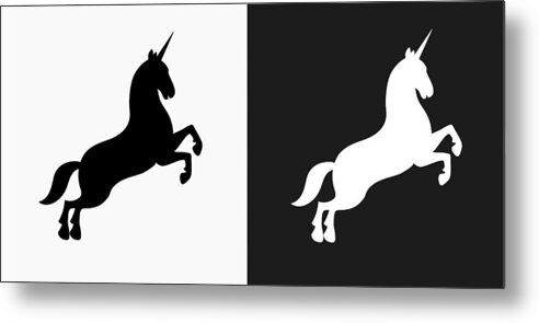 White Background Metal Print featuring the drawing Unicorn Icon on Black and White Vector Backgrounds by Bubaone