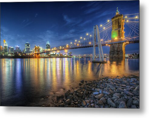 Alep Metal Print featuring the photograph Cincinnati Skyline and Bridge at Night by At Lands End Photography