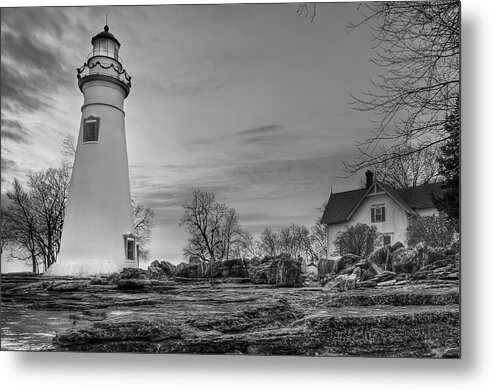 2x3 Metal Print featuring the photograph Marblehead Lighthouse and Lightkeeper House in Black and White by At Lands End Photography