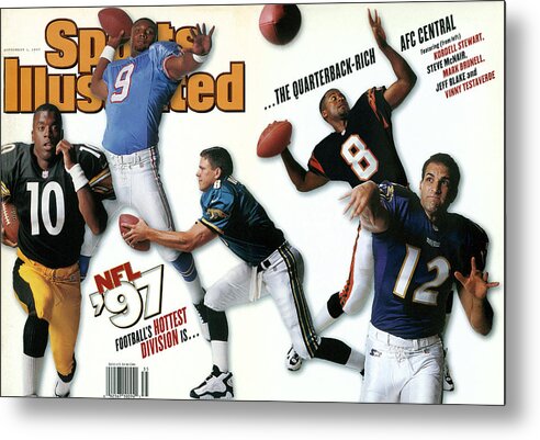 Season Metal Print featuring the photograph Afc Central Quarterbacks, 1997 Nfl Football Preview Issue Sports Illustrated Cover by Sports Illustrated