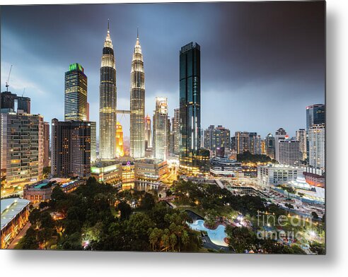 Twin Towers Metal Print featuring the photograph Twin towers and skyline at dusk, KLCC, Kuala Lumpur, Malaysia by Matteo Colombo