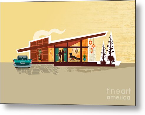 Mid Century Metal Print featuring the digital art Angle Roof Mid Century Modern House - PS by Diane Dempsey