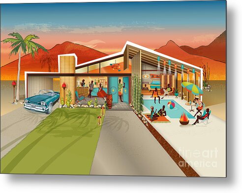 Mid-century Metal Print featuring the digital art Mid Century Modern House Tiki Party PS by Diane Dempsey