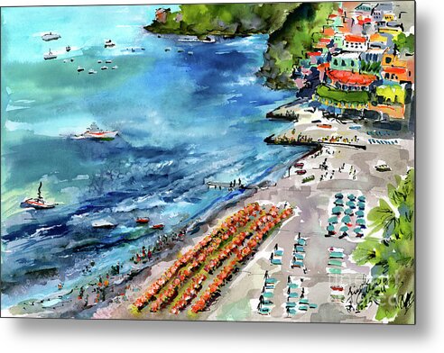 Positano Metal Print featuring the painting Positano Summer Beach Italy Watercolors and Ink by Ginette Callaway