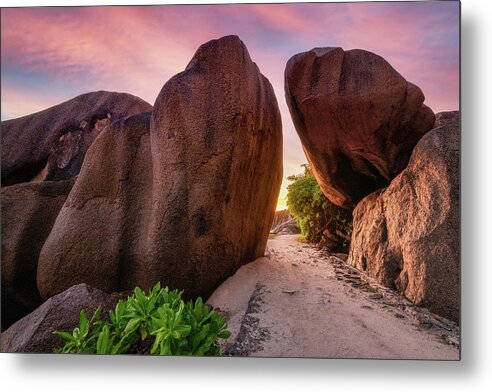 Tropical Metal Print featuring the photograph Rocks at sunset by Erika Valkovicova