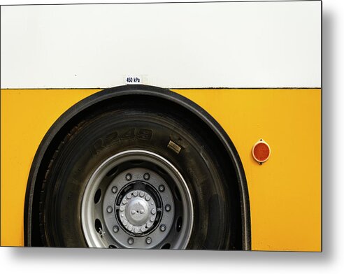 Yellow Metal Print featuring the photograph Yellow Bus Close-up by Martin Vorel Minimalist Photography