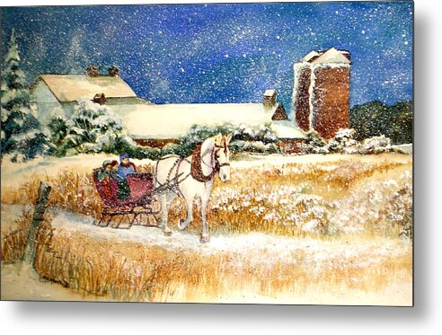 Watercolor;sleigh;horse;barn;silos;winter;snow;sleigh Ride;christmas; Metal Print featuring the painting Sleigh Ride at Brickers by Lois Mountz
