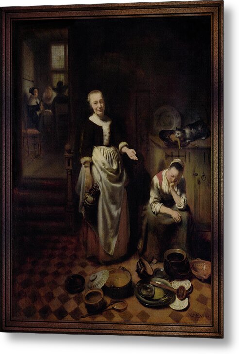 The Idle Servant Metal Print featuring the painting The Idle Servant by Nicolaes Maes Old Masters Reproductions by Rolando Burbon