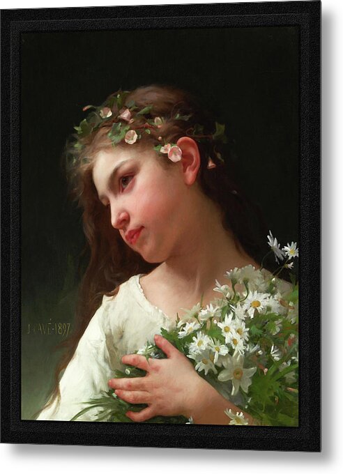 Girl With A Bouquet Of Daisies Metal Print featuring the painting Girl with a Bouquet of Daisies by Jules Cyrille Cave by Rolando Burbon