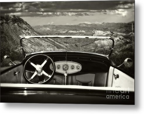 Hotrod Classic Ford Car Transportation Sepia B/w Landscape 30's Old Cool Photograph 50's Metal Print featuring the photograph Hotrod Dream by Adam Olsen