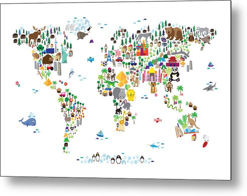 Map Of The World Metal Print featuring the digital art Animal Map of the World for children and kids #5 by Michael Tompsett