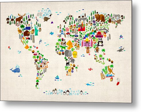 Map Of The World Metal Print featuring the digital art Animal Map of the World for children and kids by Michael Tompsett