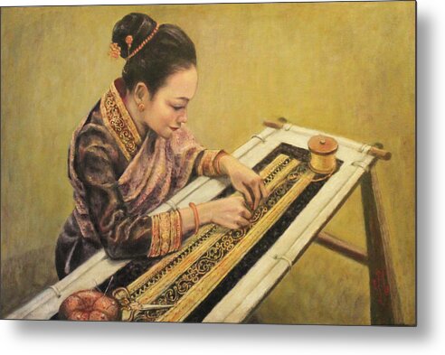 Lao Gold Thread Embroidery Metal Print featuring the painting The Embroiderer by Sompaseuth Chounlamany