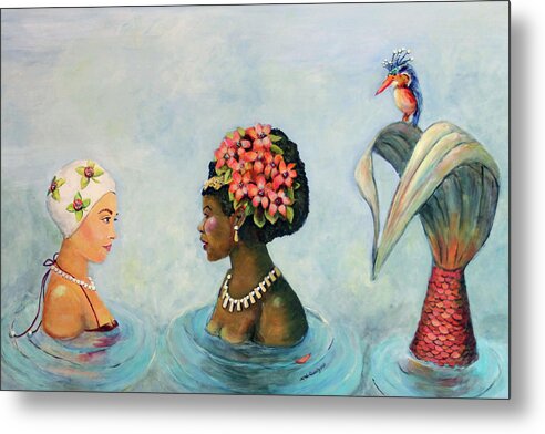 Mermaid Metal Print featuring the painting Conversation With a Mermaid by Linda Queally by Linda Queally