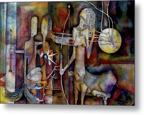 Abstract Metal Print featuring the painting The Unicorn Man by Speelman Mahlangu 1958-2004