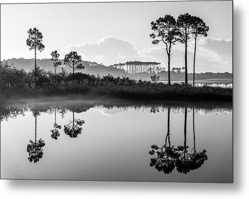 Lake Metal Print featuring the photograph Western Lake Misty Morning in Black and White by Kurt Lischka