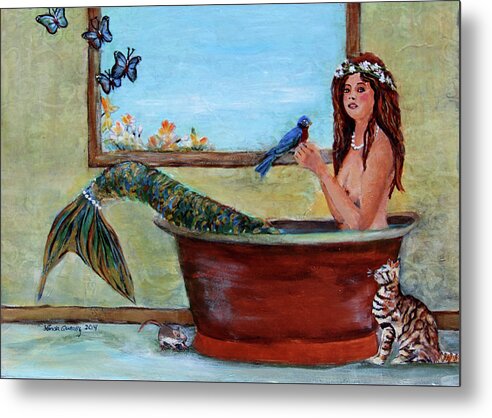 Mermaid Metal Print featuring the painting Mermaid in Bathtub Spring Mermaid Painting by Linda Queally by Linda Queally