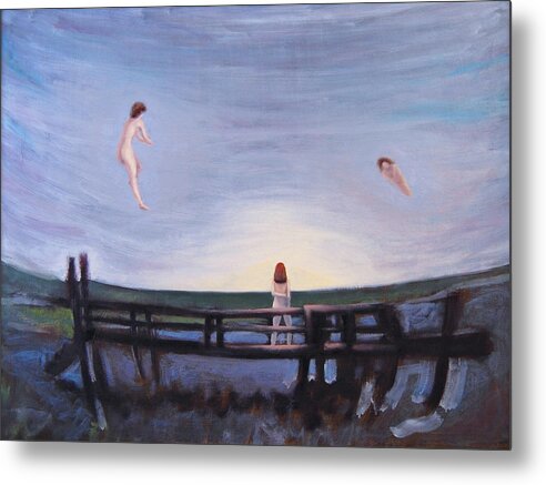 Flying Metal Print featuring the painting Dock of the marsh by Tim Murphy