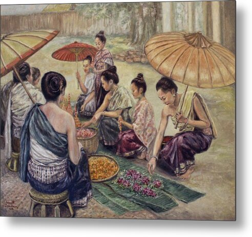 Luang Prabang Metal Print featuring the painting The Flower Vendors by Sompaseuth Chounlamany