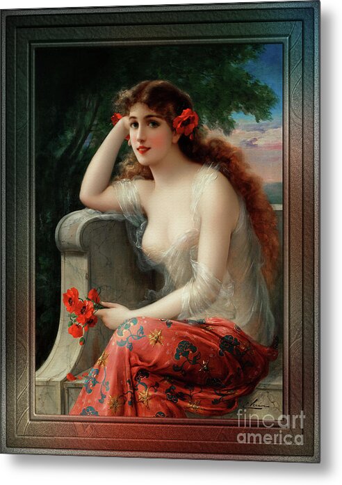 Girl With A Poppy Metal Print featuring the painting Girl with a Poppy by Emile Vernon Vintage Fine Art Xzendor7 Old Masters Reproductions by Rolando Burbon