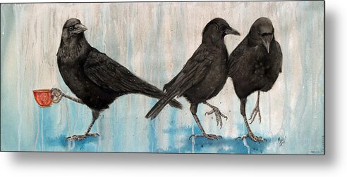 Crows Metal Print featuring the painting Crow Takes Tea by Marie Stone-van Vuuren
