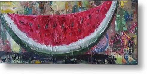 Watermelon Metal Print featuring the painting Juicy Watermelon Slice - SOLD by Judith Espinoza