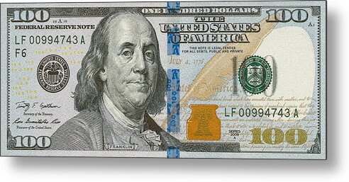 C7 Paper Currency Metal Print featuring the digital art New 2009 Series One Hundred US Dollar Bill by Serge Averbukh