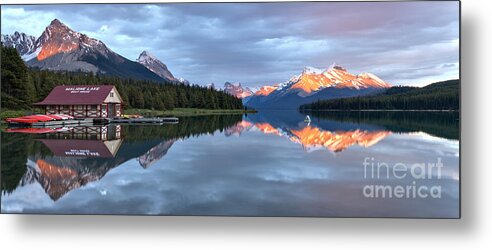 Maligne Lake Metal Print featuring the photograph Maligne Lake Jasper Sunset Panorama by Adam Jewell