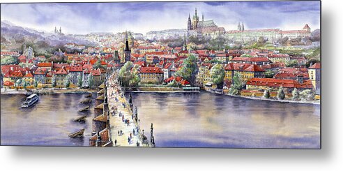 Watercolour Metal Print featuring the painting Panorama with Vltava river Charles Bridge and Prague Castle St Vit by Yuriy Shevchuk