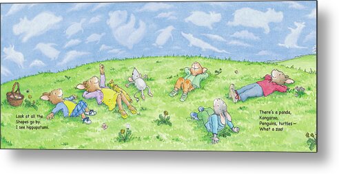 Breezy Bunnies Metal Print featuring the painting Watching the Clouds Roll By -- With Text by June Goulding