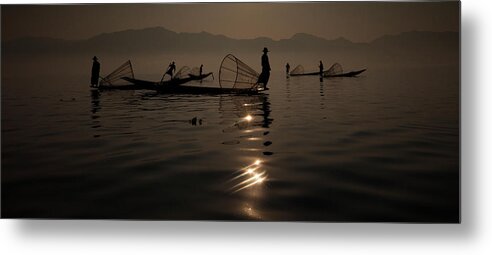 Tranquility Metal Print featuring the photograph Fishermen On Inle Lake, Myanmar #3 by Mint Images - Art Wolfe