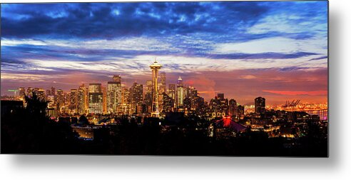 Outdoor; Downtown; Sunrise; Dawn; Twilight ; Space Needle; High-rise; Elliot Bay; Port Seattle; Mount Rainier; Colors; Downtown Seattle; Washington Beauty; Pacific North West Metal Print featuring the digital art Colorful twilight over downtown Seattle by Michael Lee