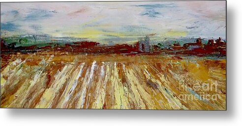 Wide Metal Print featuring the painting Dream Fields Midwest Farm in billboard wide format by Patty Donoghue