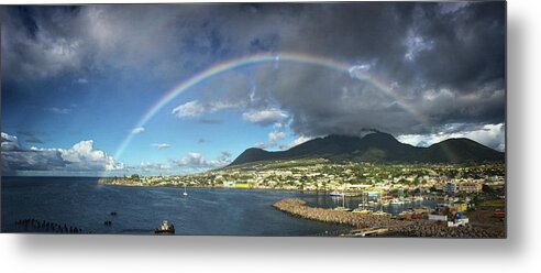 Rainbow Metal Print featuring the photograph Rainbow Panorama over Olivees Mountain on St. Kitts Island by Bill Swartwout