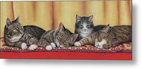 Relaxing Tabbies Metal Print featuring the painting Relaxing Tabbies by Janet Pidoux