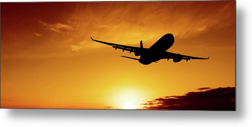 Taking Off Metal Print featuring the photograph Xl Jet Airplane Taking Off At Sunset by Sharply done
