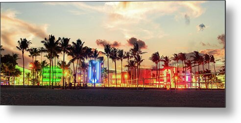 Miami Beach Metal Print featuring the photograph Miami Beach Ocean Drive panorama with hotels and restaurants at sunset. City skyline with palm trees at night. Art deco nightlife on South beach by Maria Kray