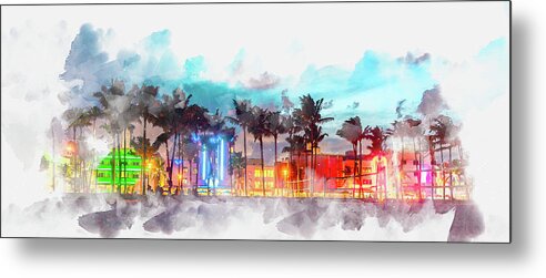 Watercolor Metal Print featuring the digital art Watercolor painting illustration of Miami Beach Ocean Drive panorama with hotels and restaurants at sunset by Maria Kray