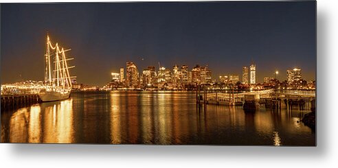 Twilight Metal Print featuring the photograph Boston Harbor City Lights and Tall Ship Pano 2 by Lindsay Thomson
