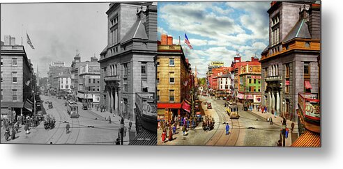 Fall River Metal Print featuring the photograph City - Fall River, MA - The City Hall on Main Street 1913 - Side by Side by Mike Savad