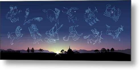 Panoramic Metal Print featuring the drawing Image of Astrology signs in sky by Image Work/amanaimagesRF